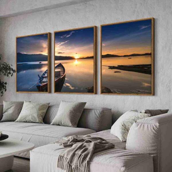 Quadro Barco ao Pr do Sol Paz e Serenidade na Lagoa