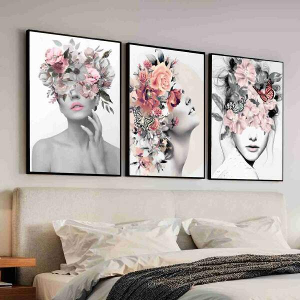 Quadro Arte Feminina com Flores e Borboletas
