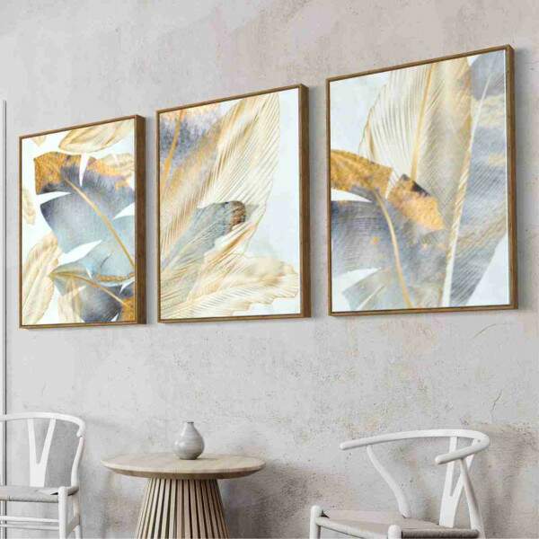 Quadro Folhas Abstratas com Detalhes Dourados