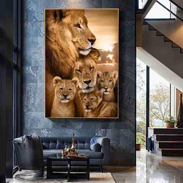 Quadro Famlia de Lees com Trs Filhotes
