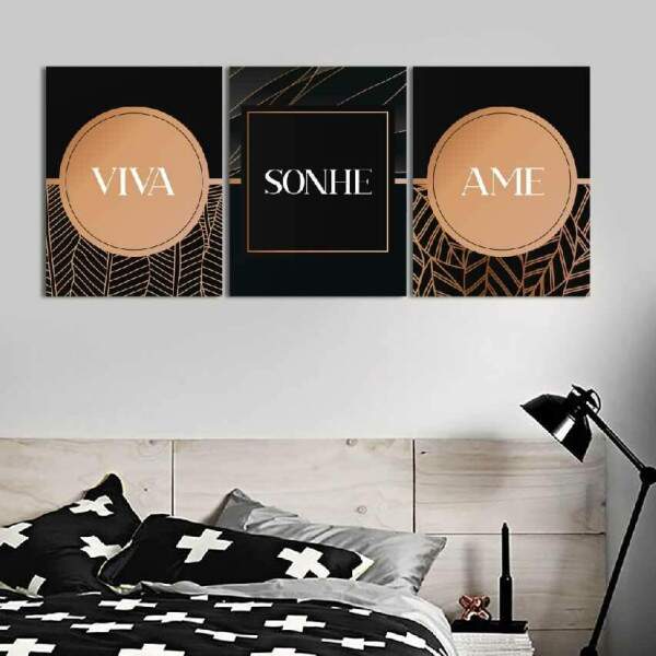 Quadro Viva Sonhe Ame em Tons de Ouro e Preto