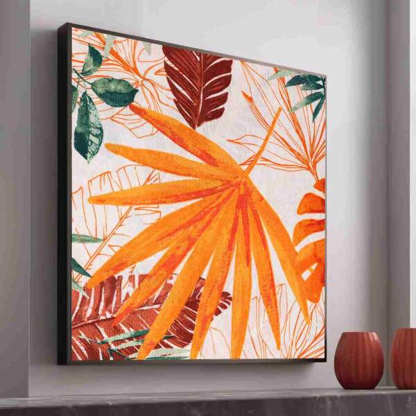 Quadro Tropical Pintura de Folhagem e Natureza Tons Laranja