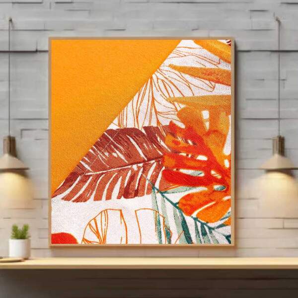 Quadro Folhas Tropicais em Tons de Laranja