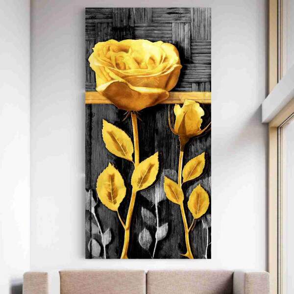 Quadro Rosas Douradas em Relevo com Fundo Rstico de Madeira
