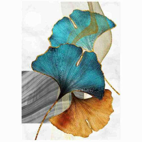 Quadro Arte Moderna Ginkgo Biloba em Tons de Azul e Ouro
