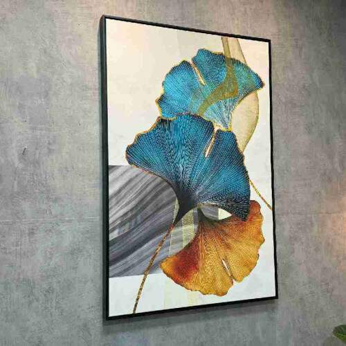 Quadro Arte Moderna Ginkgo Biloba em Tons de Azul e Ouro