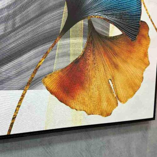 Quadro Arte Moderna Ginkgo Biloba em Tons de Azul e Ouro