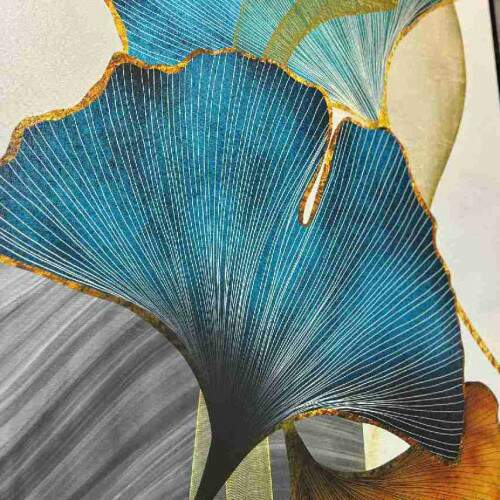 Quadro Arte Moderna Ginkgo Biloba em Tons de Azul e Ouro