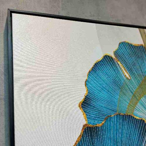 Quadro Arte Moderna Ginkgo Biloba em Tons de Azul e Ouro