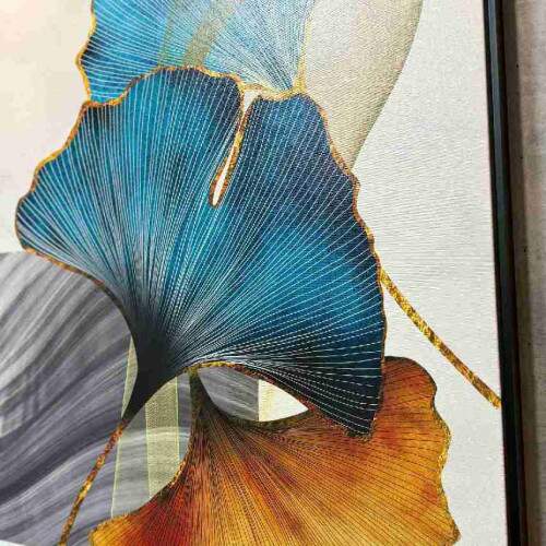 Quadro Arte Moderna Ginkgo Biloba em Tons de Azul e Ouro