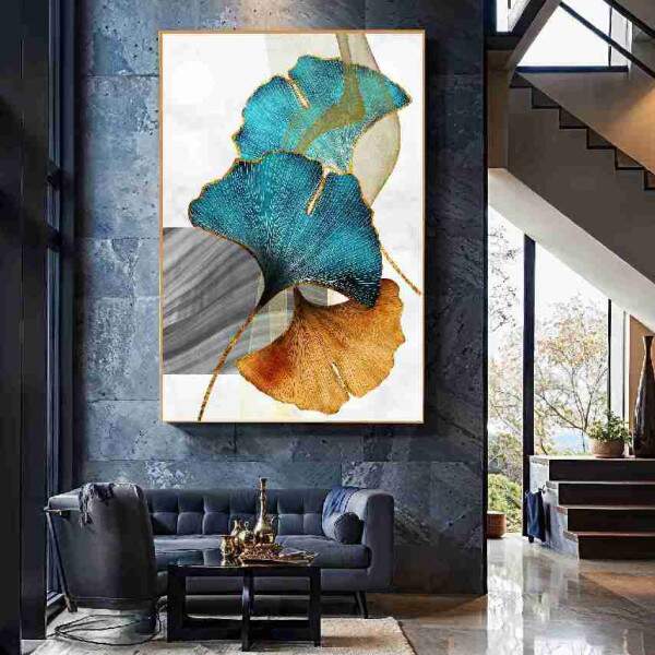 Quadro Arte Moderna Ginkgo Biloba em Tons de Azul e Ouro