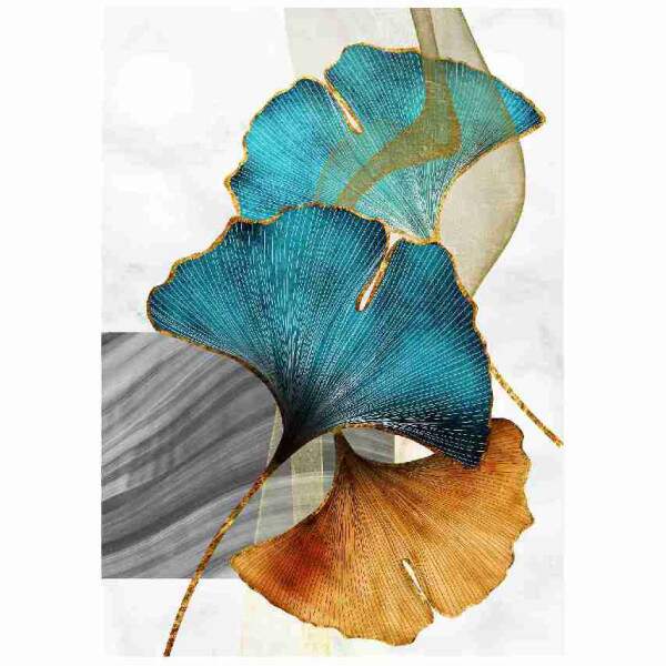 Quadro Arte Moderna Ginkgo Biloba em Tons de Azul e Ouro