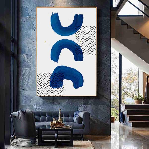 Quadro Abstrato Pinceladas Azuis com Linhas Geomtricas