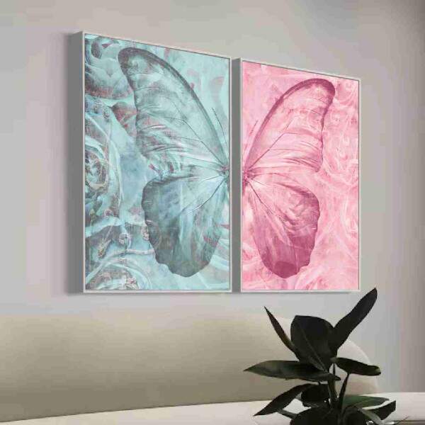 Quadro Asas de Borboleta em Azul e Rosa Sereno