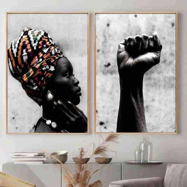 Quadro Mulher Africana e Punho Cerrado Luta e Fora