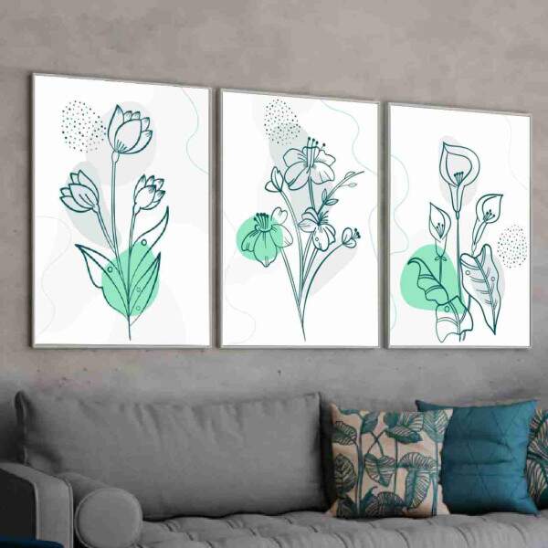 Quadro Flores Minimalistas em Tons Acqua Turquesa