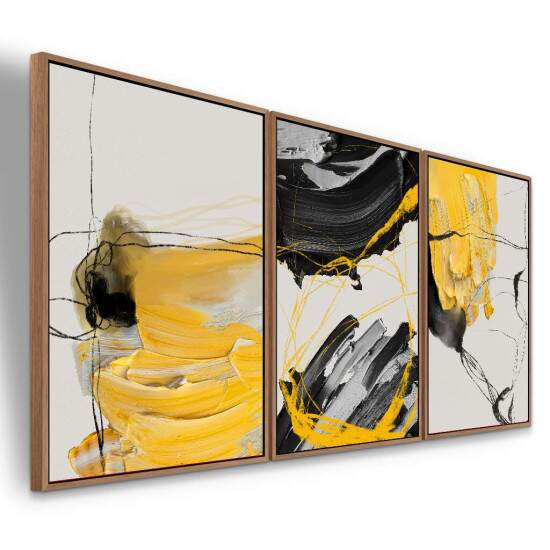 Trio de Quadros Abstrato Arte Moderna Pintura Preto e Amarelo