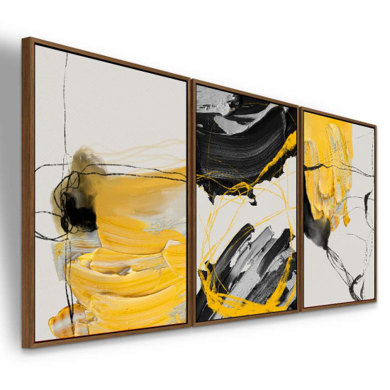 Trio de Quadros Abstrato Arte Moderna Pintura Preto e Amarelo