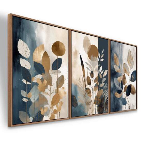 Trio de Quadros Abstrato Boho Luxo Tons Pastis Cobre e Azul Marinho