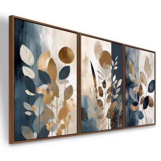 Trio de Quadros Abstrato Boho Luxo Tons Pastis Cobre e Azul Marinho