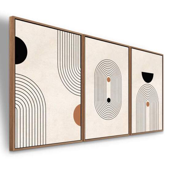 Trio de Quadros Abstrato Boho Minimalista Tons Neutros e Preto
