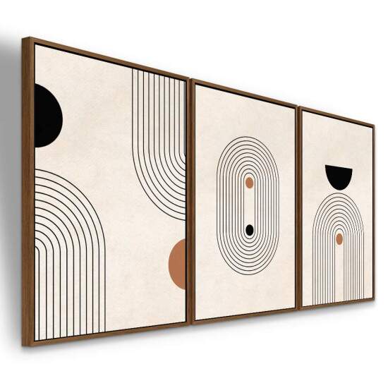 Trio de Quadros Abstrato Boho Minimalista Tons Neutros e Preto