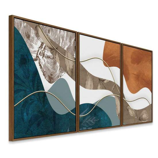 Trio de Quadros Abstrato Formas e Textura em Tons Terracota e Azul