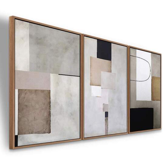 Trio de Quadros Abstrato Formas em Tons de Cinza