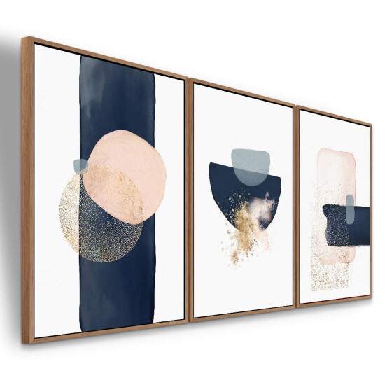 Trio de Quadros Abstrato Minimalista Rosa e Azul