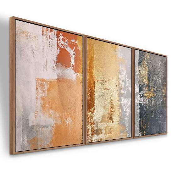 Trio de Quadros Abstrato Moderno Dourado Cobre e Cinza