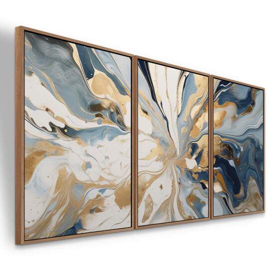 Trio de Quadros Abstrato Moderno Luxo Azul e Dourado
