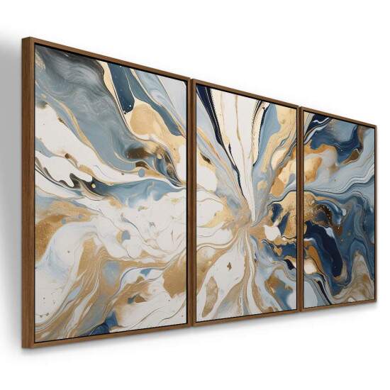 Trio de Quadros Abstrato Moderno Luxo Azul e Dourado