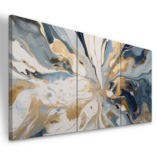 Trio de Quadros Abstrato Moderno Luxo Azul e Dourado