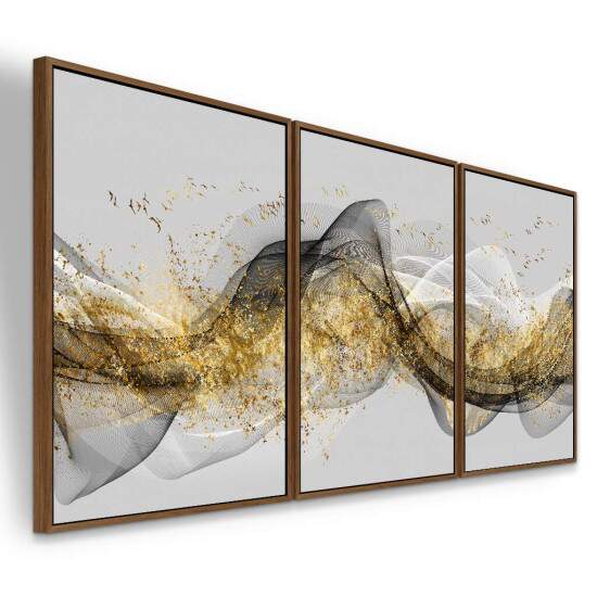 Trio de Quadros Abstrato Moderno Luxo Dourado