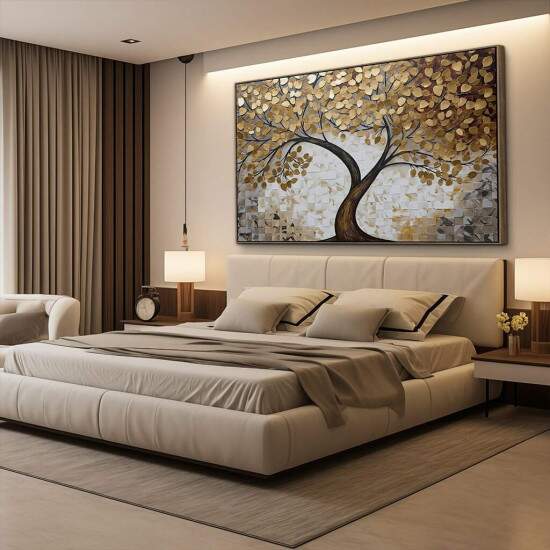 Quadro Grande Moderno rvore Abstrata Ptalas Douradas