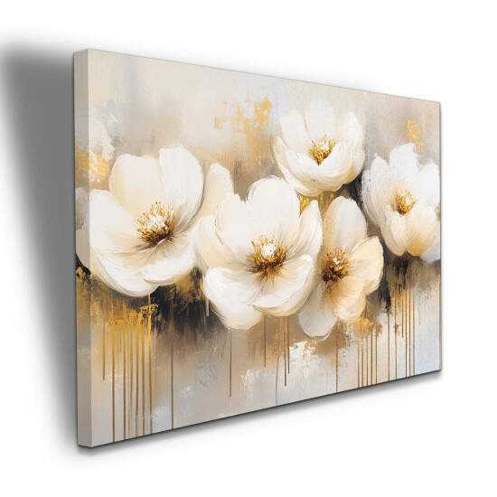 Quadro Floral Moderno Flores Brancas eDouradas