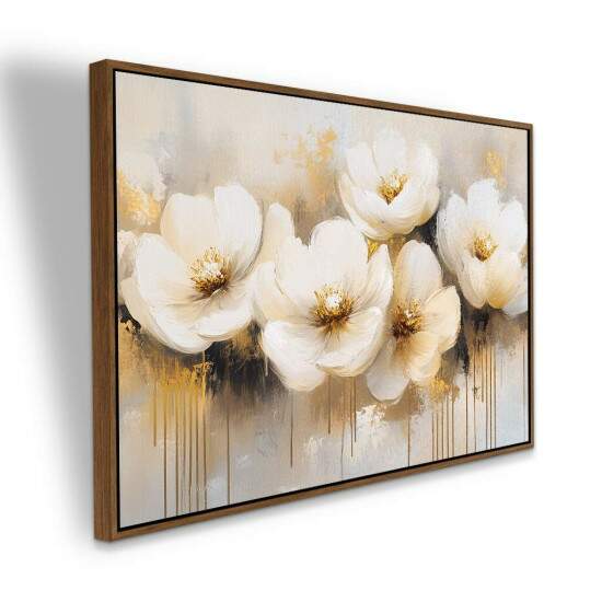 Quadro Floral Moderno Flores Brancas eDouradas