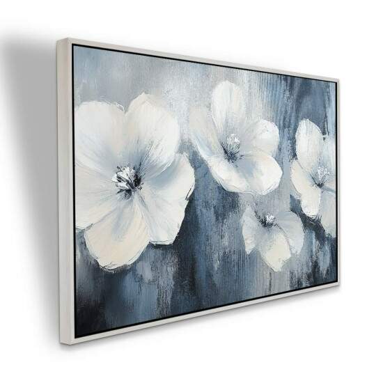 Quadro Flores Brancas Sobre Fundo Azul Elegante