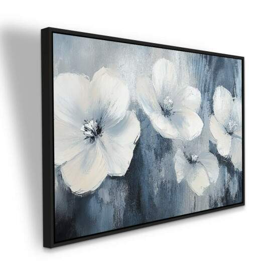 Quadro Flores Brancas Sobre Fundo Azul Elegante