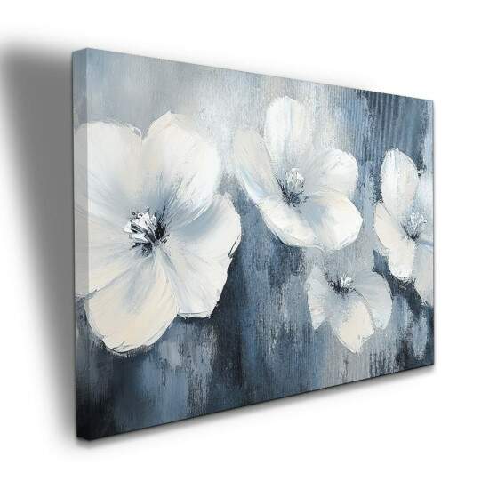 Quadro Flores Brancas Sobre Fundo Azul Elegante