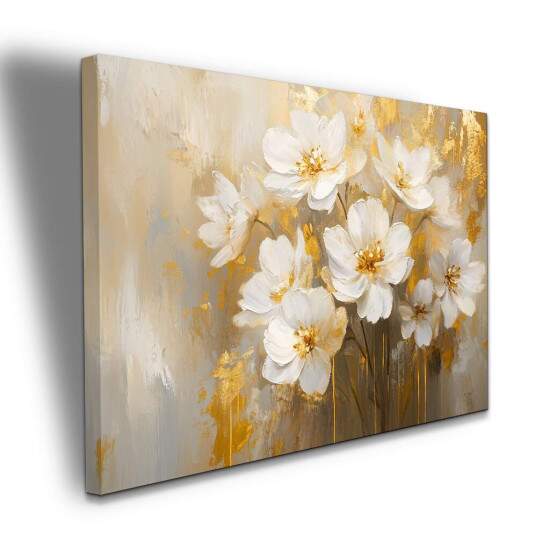 Quadro de Flores Brancas com Toques Dourados Arte Elegante e Sofisticada