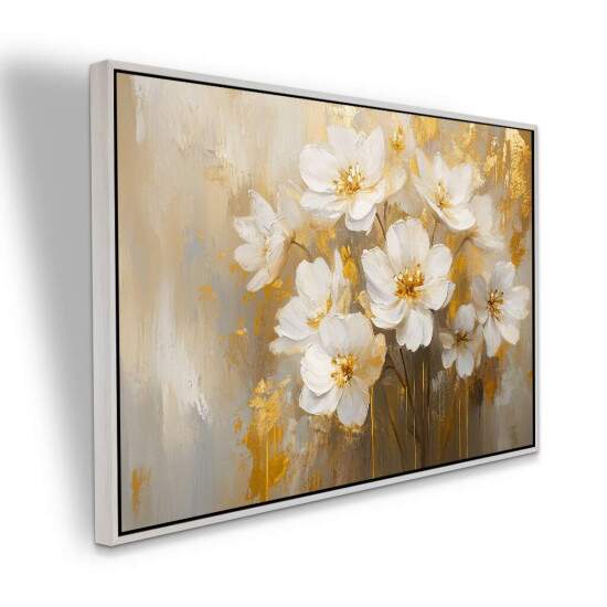 Quadro de Flores Brancas com Toques Dourados Arte Elegante e Sofisticada