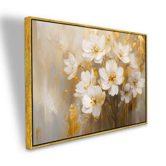 Quadro de Flores Brancas com Toques Dourados Arte Elegante e Sofisticada