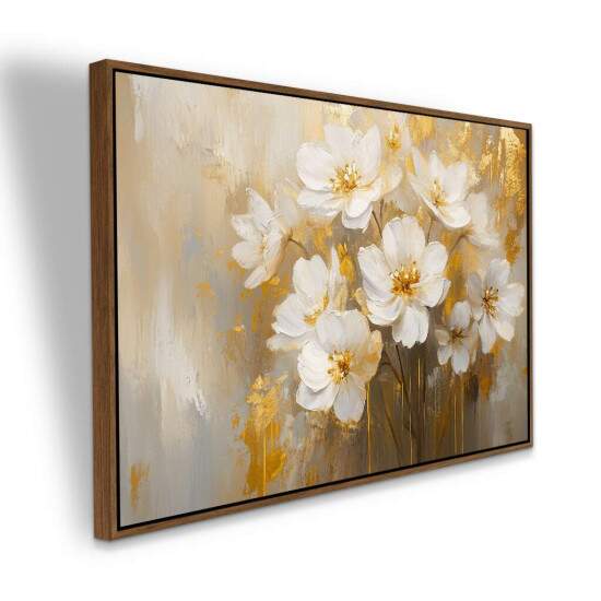 Quadro de Flores Brancas com Toques Dourados Arte Elegante e Sofisticada