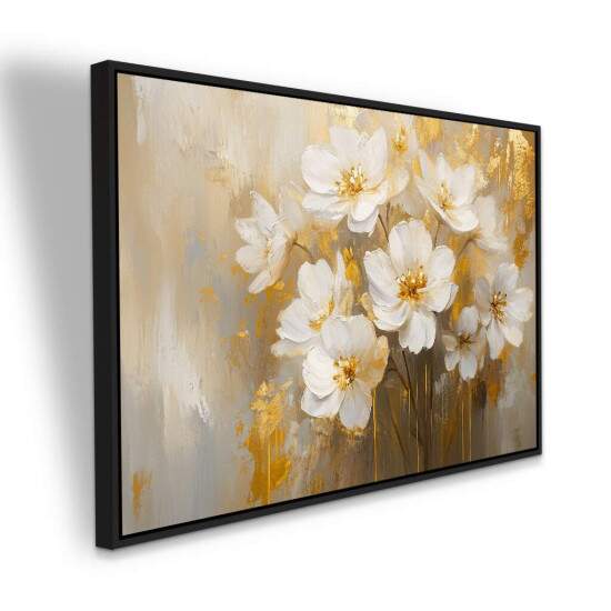 Quadro de Flores Brancas com Toques Dourados Arte Elegante e Sofisticada