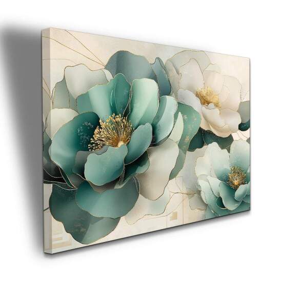 Quadro Flores Verde gua e Dourado Sofisticao e Elegncia
