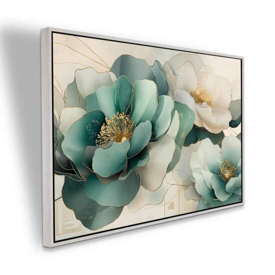 Quadro Flores Verde gua e Dourado Sofisticao e Elegncia