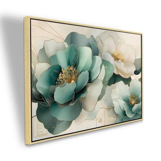 Quadro Flores Verde gua e Dourado Sofisticao e Elegncia
