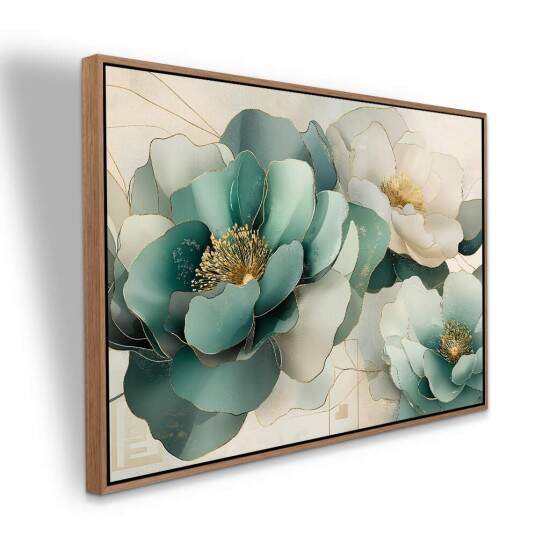 Quadro Flores Verde gua e Dourado Sofisticao e Elegncia