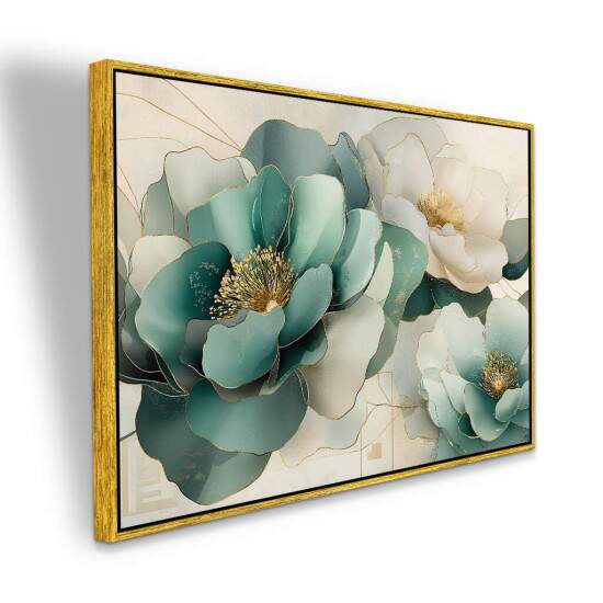 Quadro Flores Verde gua e Dourado Sofisticao e Elegncia
